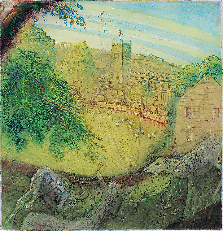 ‘ASKRIGG CHURCH WITH GOATS AND SHEEP‘
